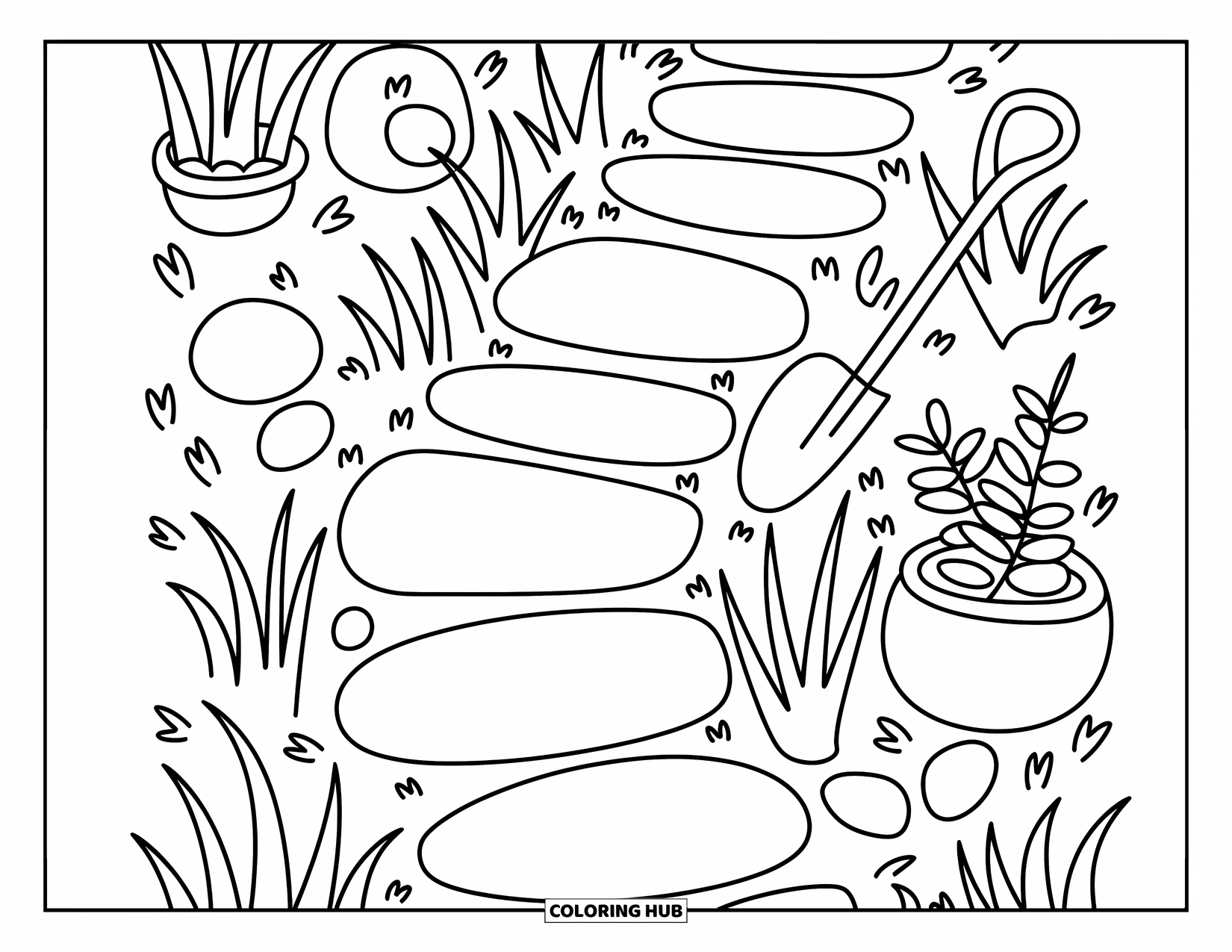 Grass Coloring Page for Adults: Stone path winds through cozy grass with cute plants, tools, and soft curves