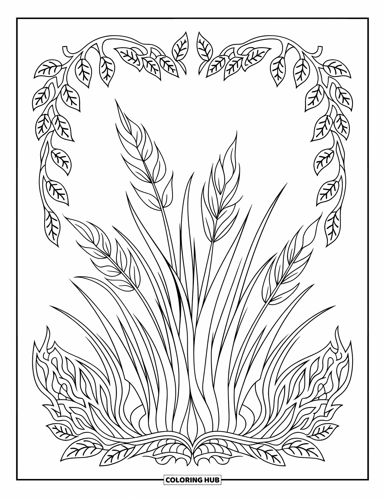 Grass Coloring Page for Adults: Tall grass grows at the center of an intricate leaf and vine border