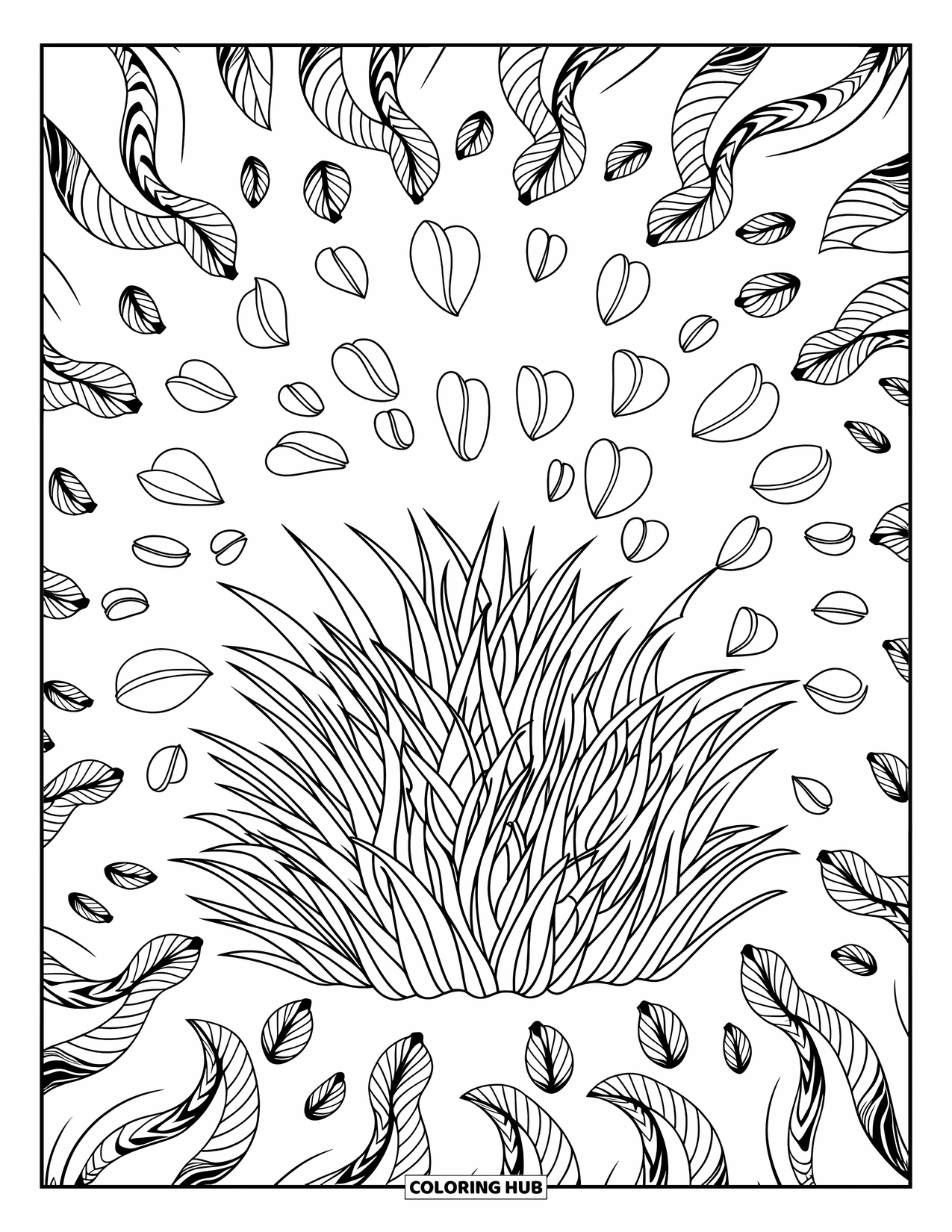 Grass Coloring Page for Adults: Wavy grass sits inside swirling petals and leaves arranged in a circular layout