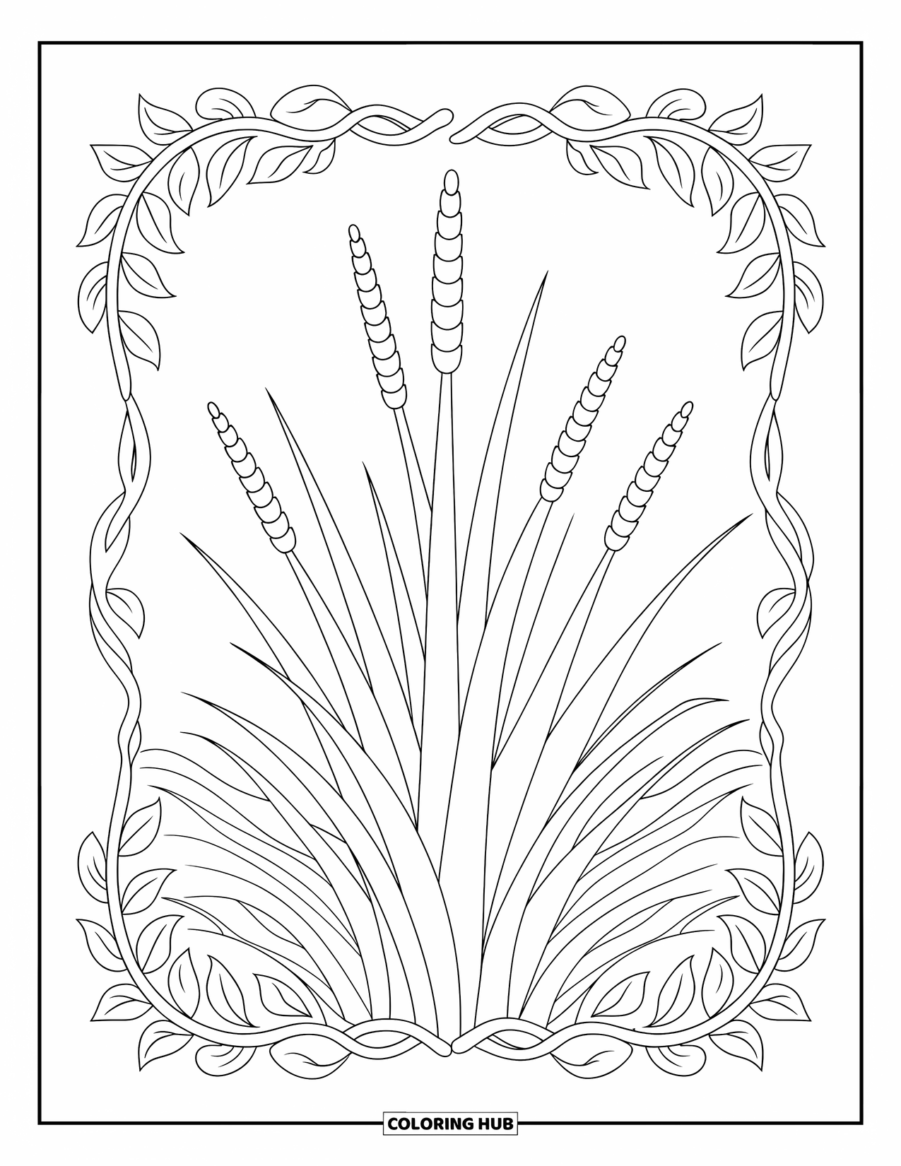 Grass Coloring Page for Adults: Wavy grass stands within a swirling vine border filled with bold, clean lines