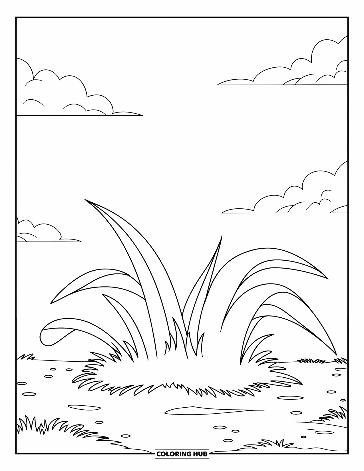Grass Coloring Page for Kids: A five-blade grass patch grows near a dirt path