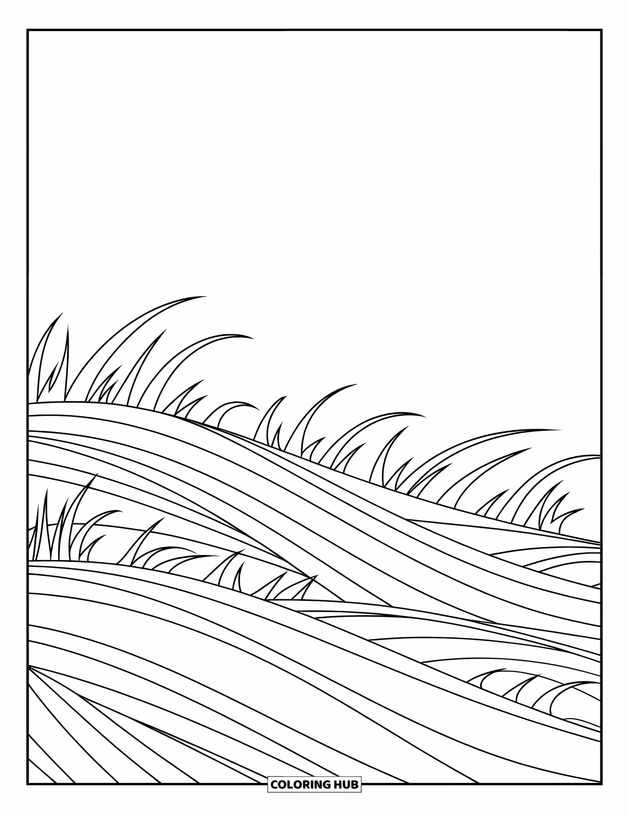 Grass Coloring Page for Kids: A simple grass field flows gently across the page
