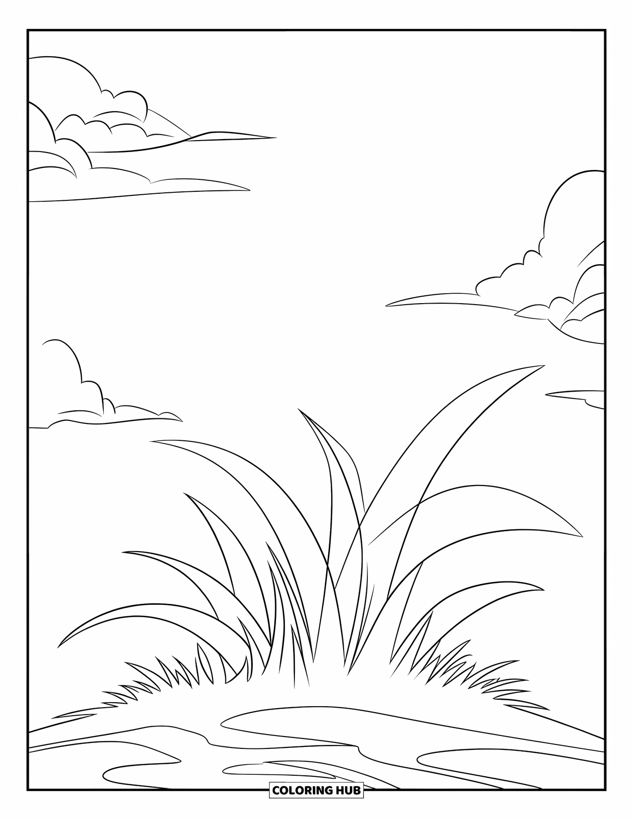 Grass Coloring Page for Kids: A small grass patch with five wide blades stands in the sand