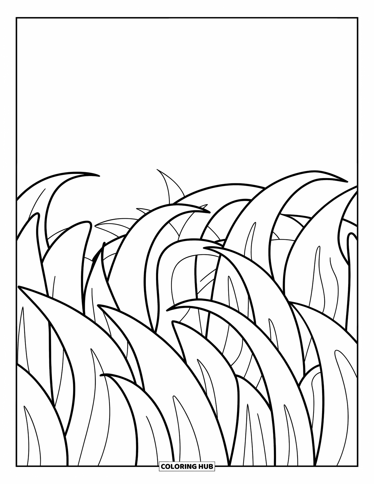 Grass Coloring Page for Kids: Curvy grass blades grow in neat rows across the page