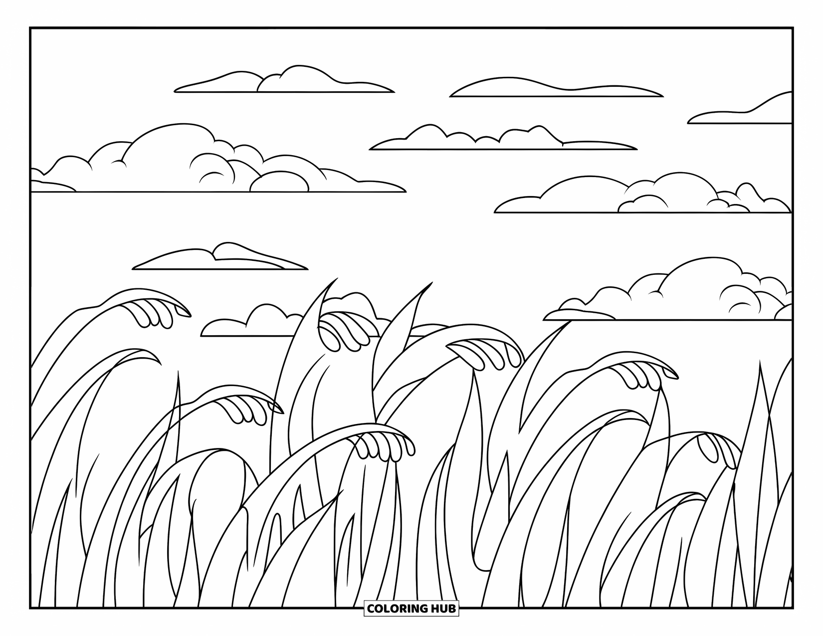 Grass Coloring Page for Kids: Fat grass blades bend in rows under fluffy clouds