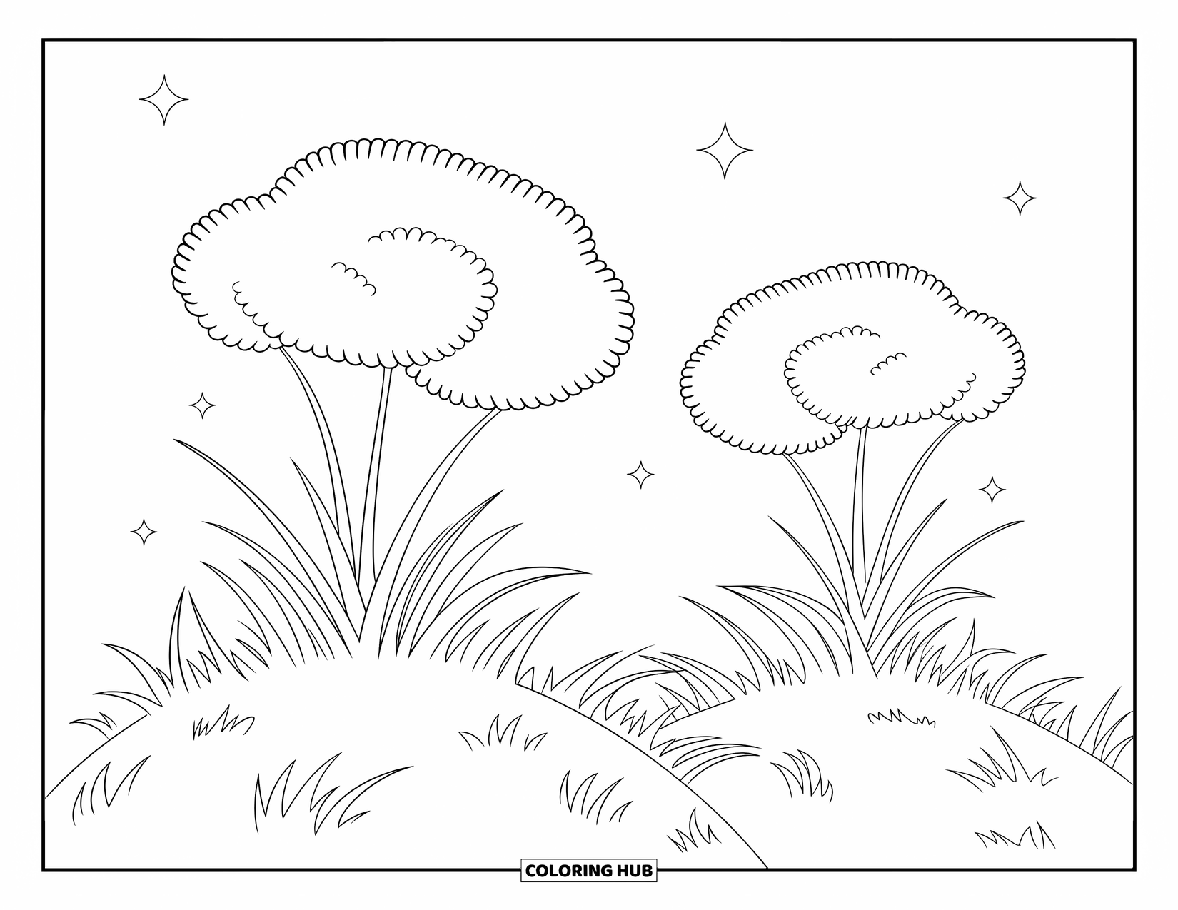 Grass Coloring Page for Kids: Two grassy mounds topped with fluffy cloud-like tufts