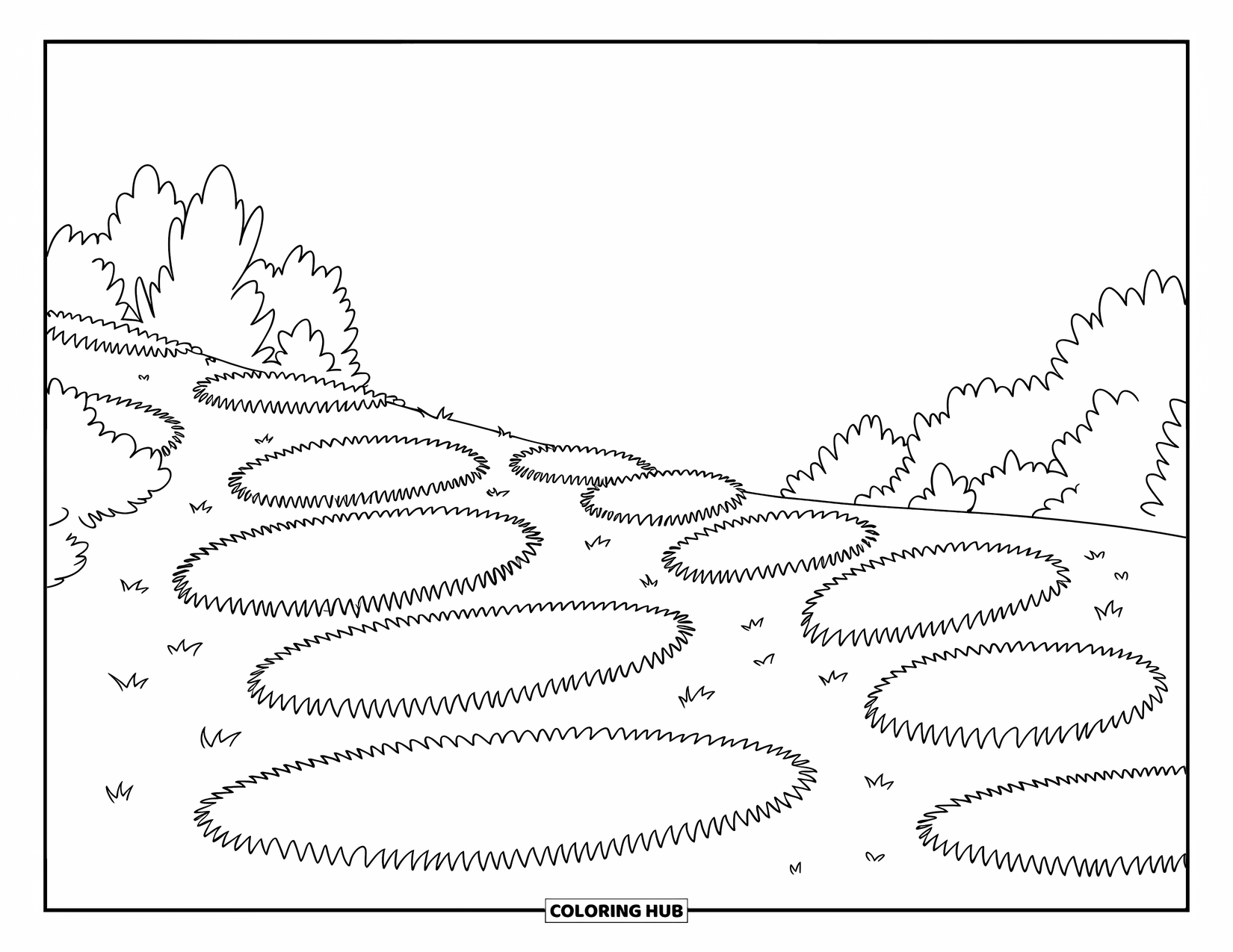 Grass Coloring Page for Kids: Wavy grass lines cover a slope with trees nearby