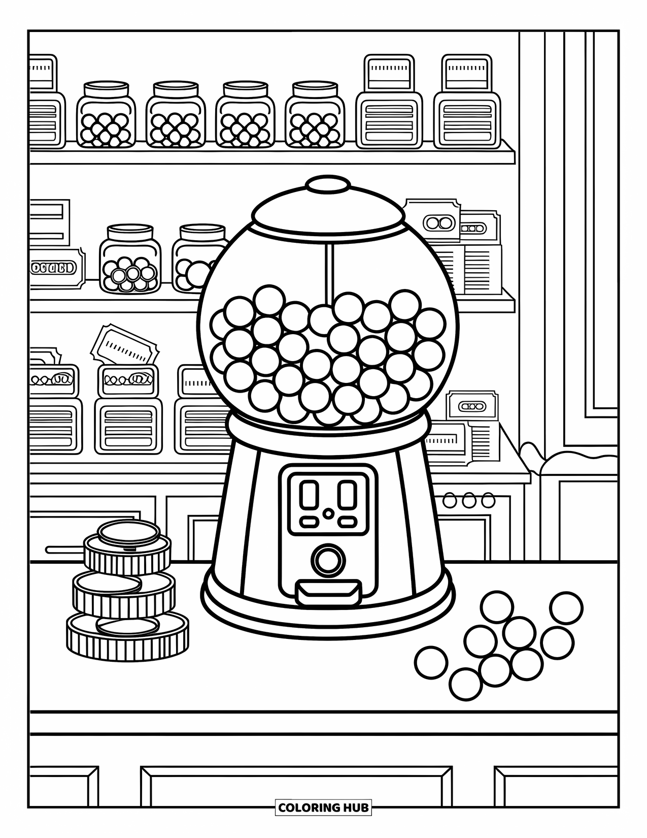 Gumball Coloring Page for Adults: A candy counter displays a gumball machine with rolling candy and stacked coins