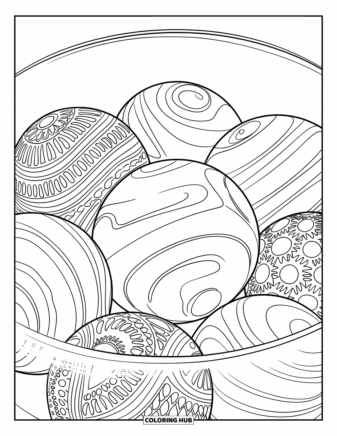 Gumball Coloring Page for Adults: A close-up view of patterned gumballs fills a glass against a white background