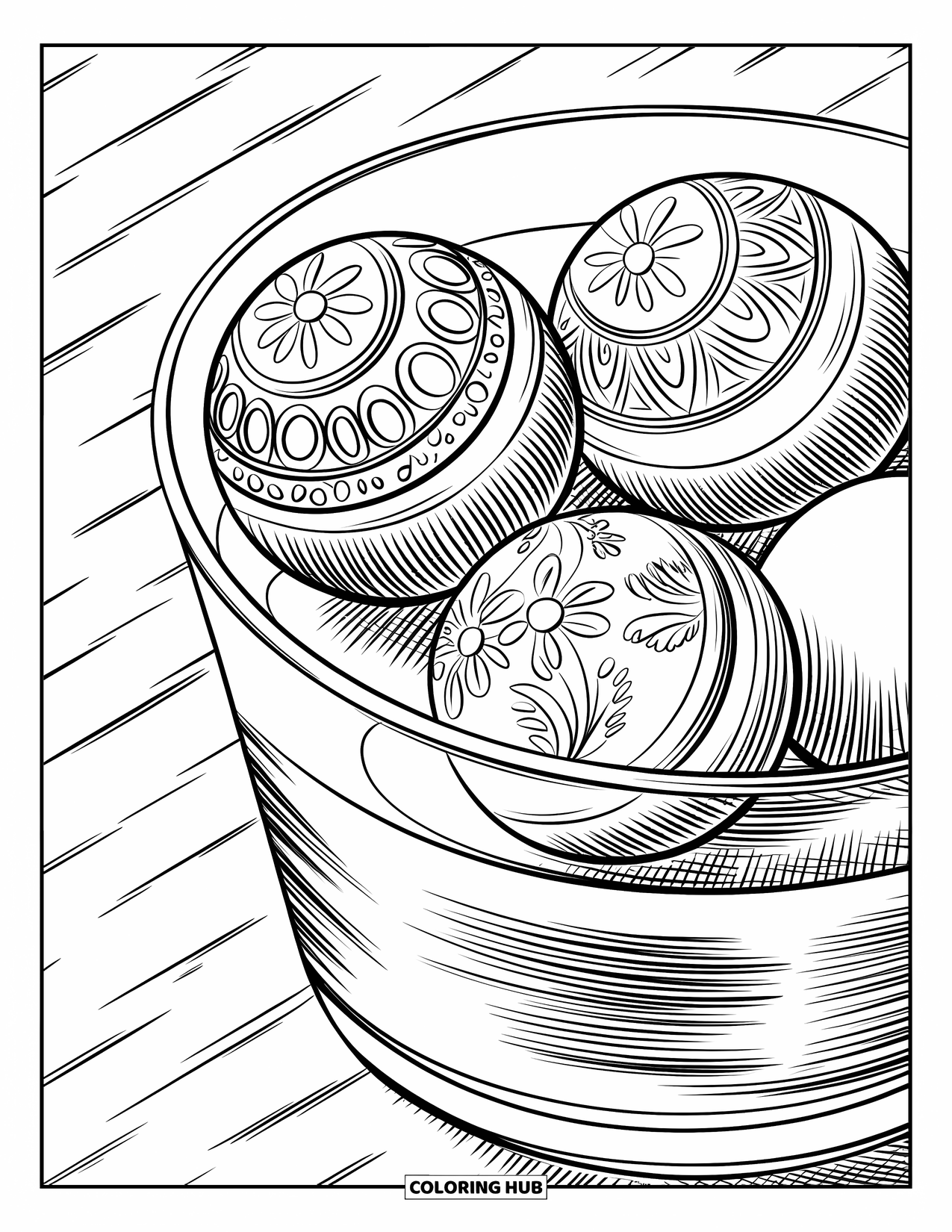 Gumball Coloring Page for Adults: A glass full of patterned gumballs rests on a textured surface