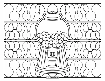 Desen de colorat cu bile de gumă pentru adulți: Un automat de gumă printre cercuri ornamentale într-un design calm, în stil zen