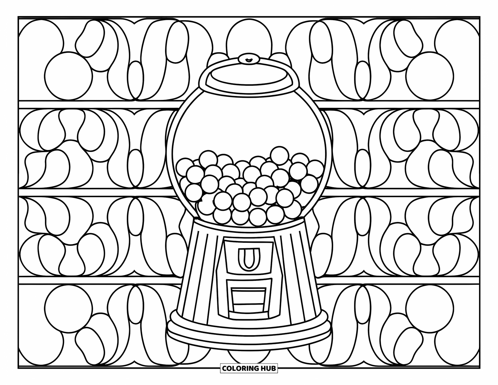 Gumball Coloring Page for Adults: A gumball machine stands among patterned circles in a peaceful, zen-style design