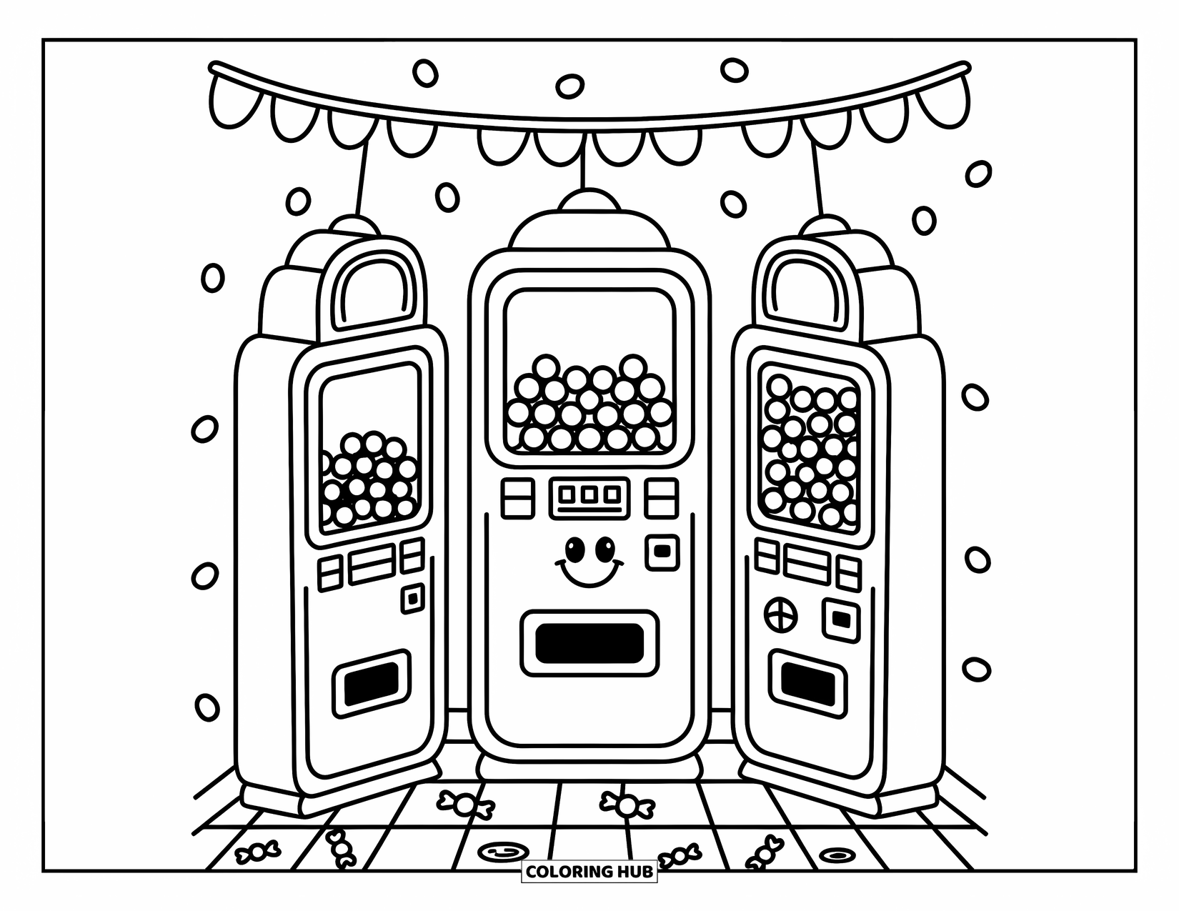 Gumball Coloring Page for Adults: A gumball machine stands between toy and jellybean machines in a cute candy corner