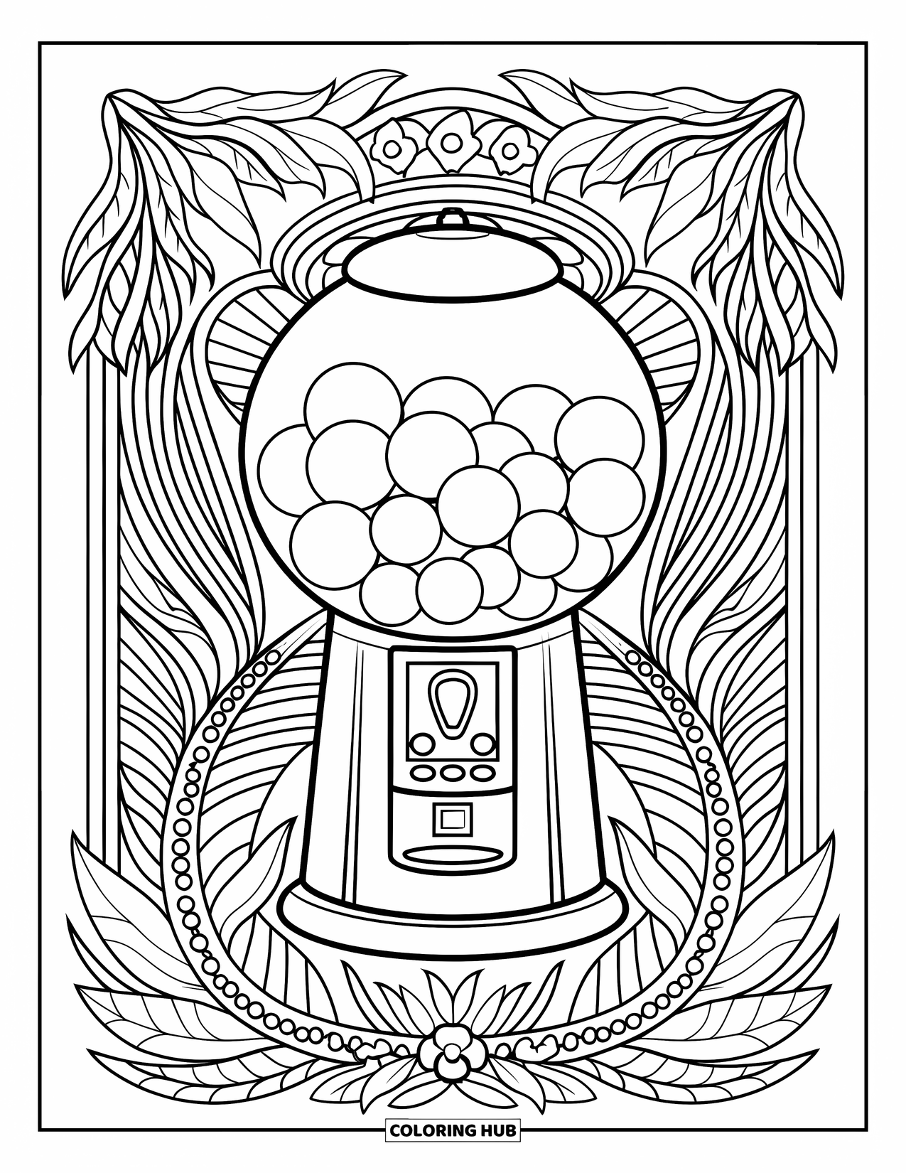 Gumball Coloring Page for Adults: A large gumball machine is surrounded by flowers, vines, and leafy patterns