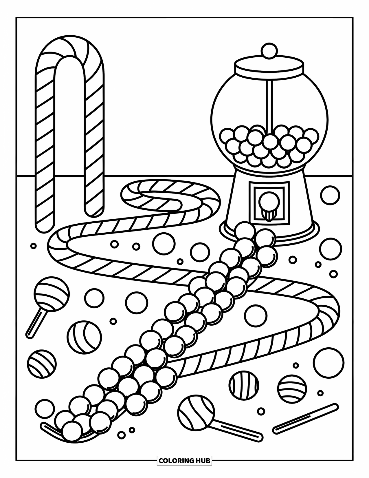 Gumball Coloring Page for Adults: A playful candy maze leads rolling gumballs into a sweet little open machine