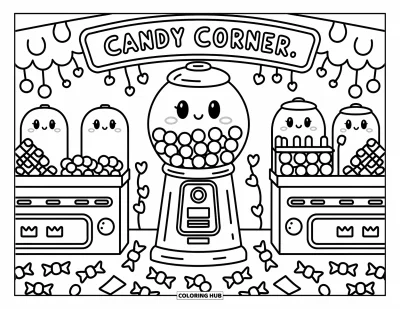 Desen de colorat cu bile de gumă pentru adulți: Un automat de gumă zâmbitor flancat de aparate de jucării și bomboane sub un semn “Candy Corner”