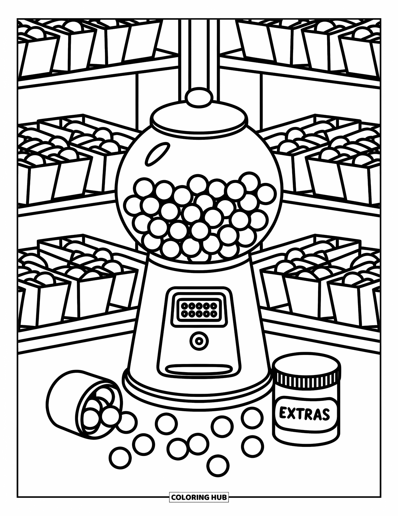 Gumball Coloring Page for Adults: A sweet shop corner shows a gumball machine near shelves of treats and a jar of ìextras.î