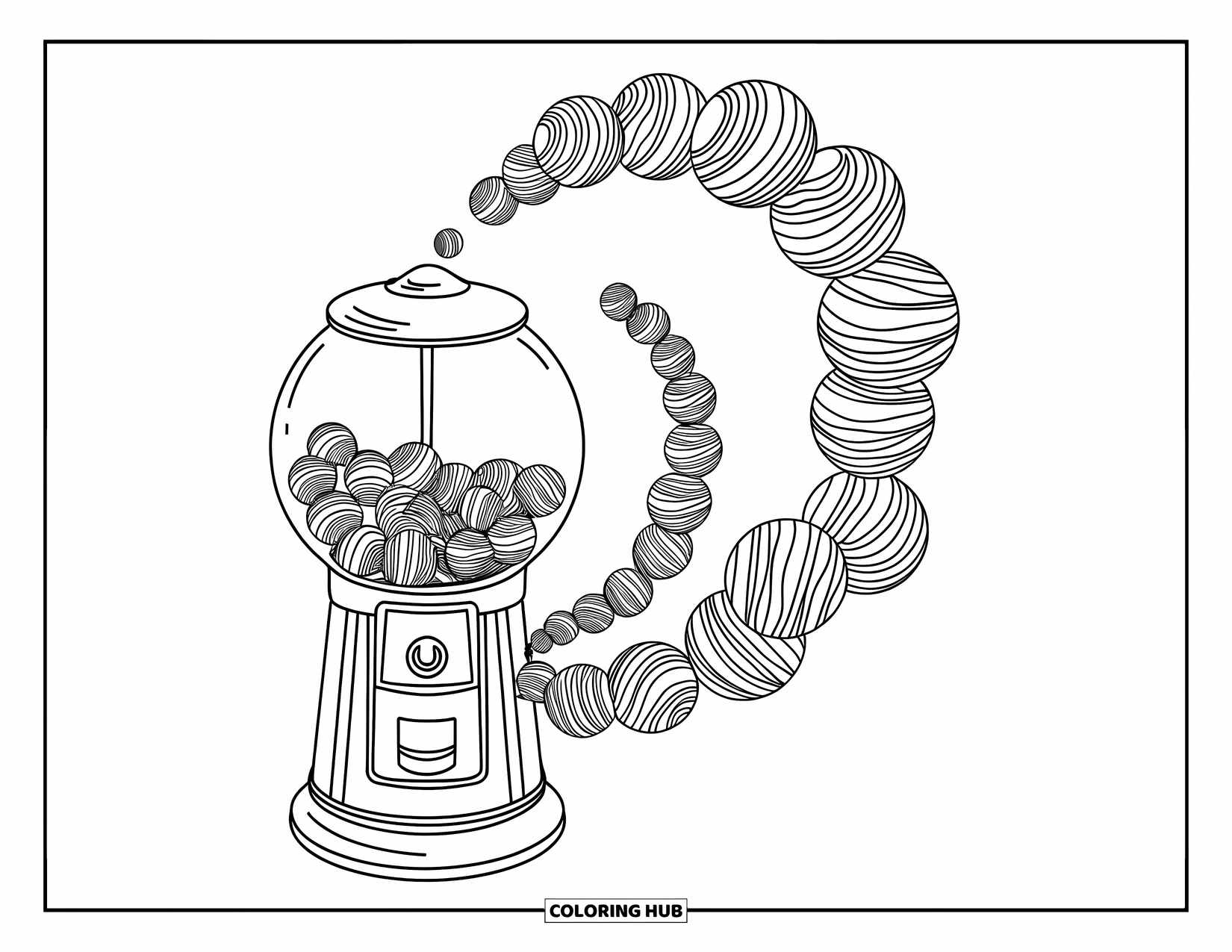 Gumball Coloring Page for Adults: A tall candy machine drops gumballs into a bold spiral across the ground