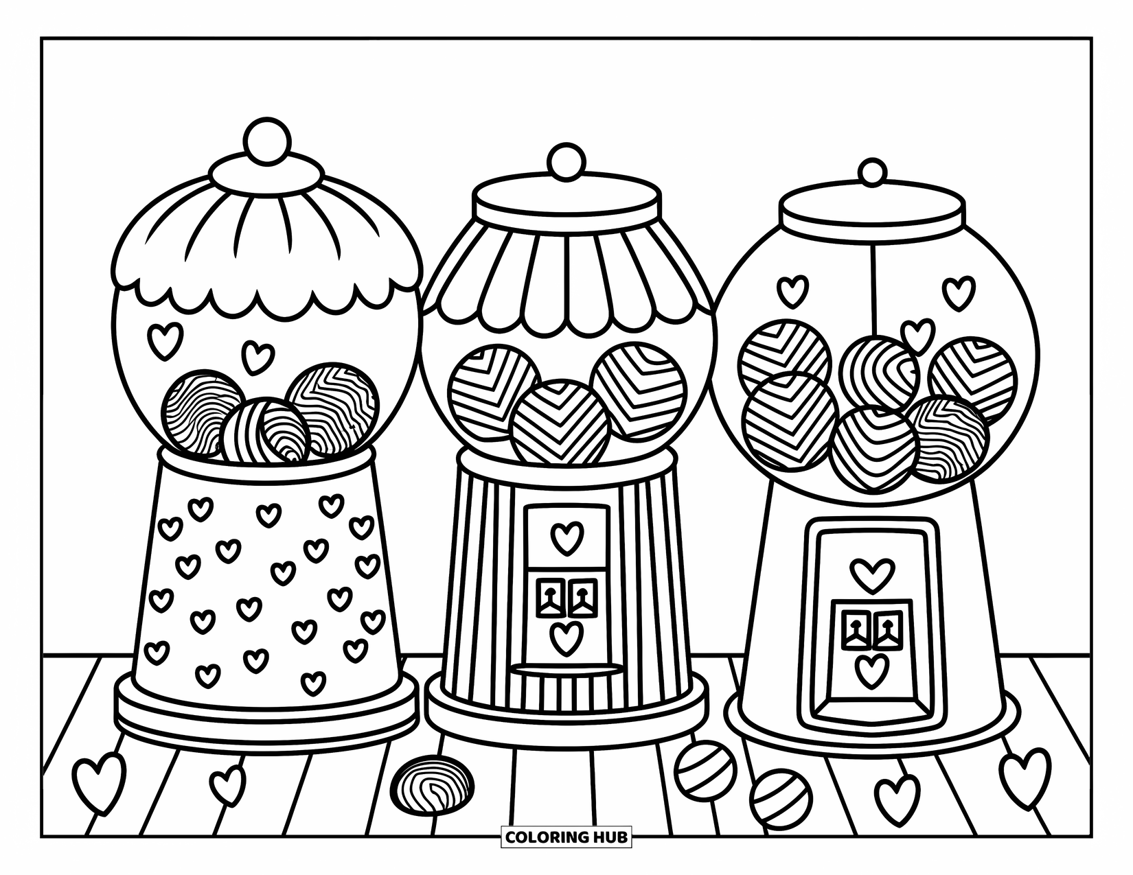 Gumball Coloring Page for Adults: A trio of candy machines shows off cute treats in a cozy, hand-drawn style