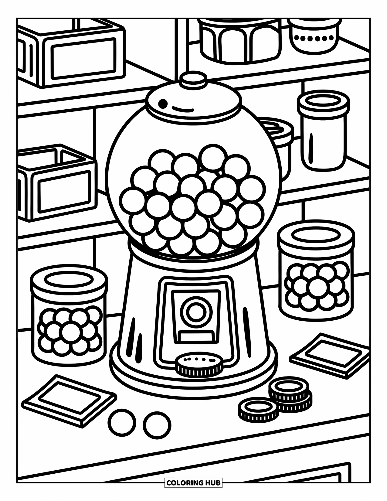 Gumball Coloring Page for Adults: A vintage gumball machine sits on a counter beside jars, tickets, and tiny coins