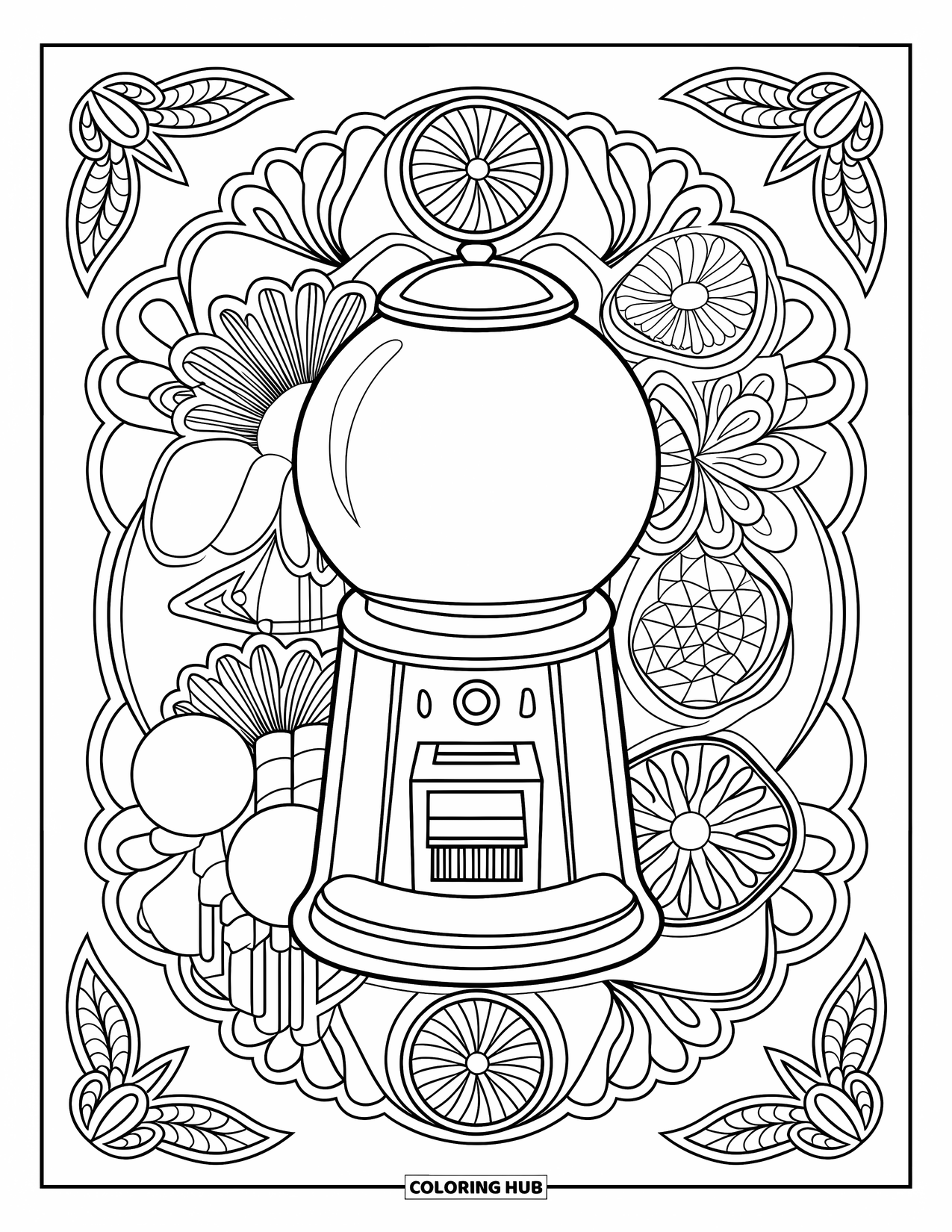 Gumball Coloring Page for Adults: A vintage gumball machine stands in a scene of floral mandalas and candy icons