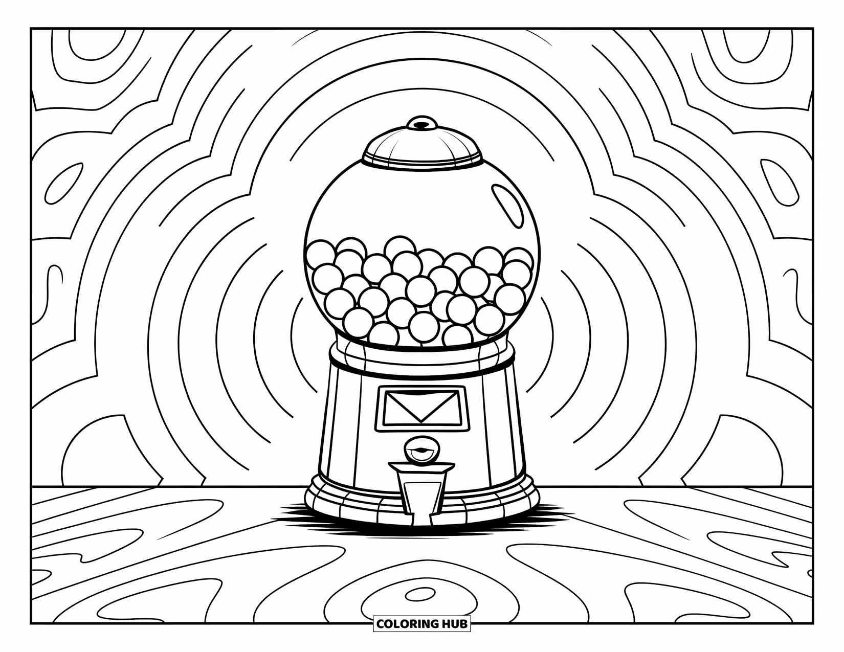 Gumball Coloring Page for Adults: A wooden gumball machine rests on a stone base, surrounded by soft circular patterns