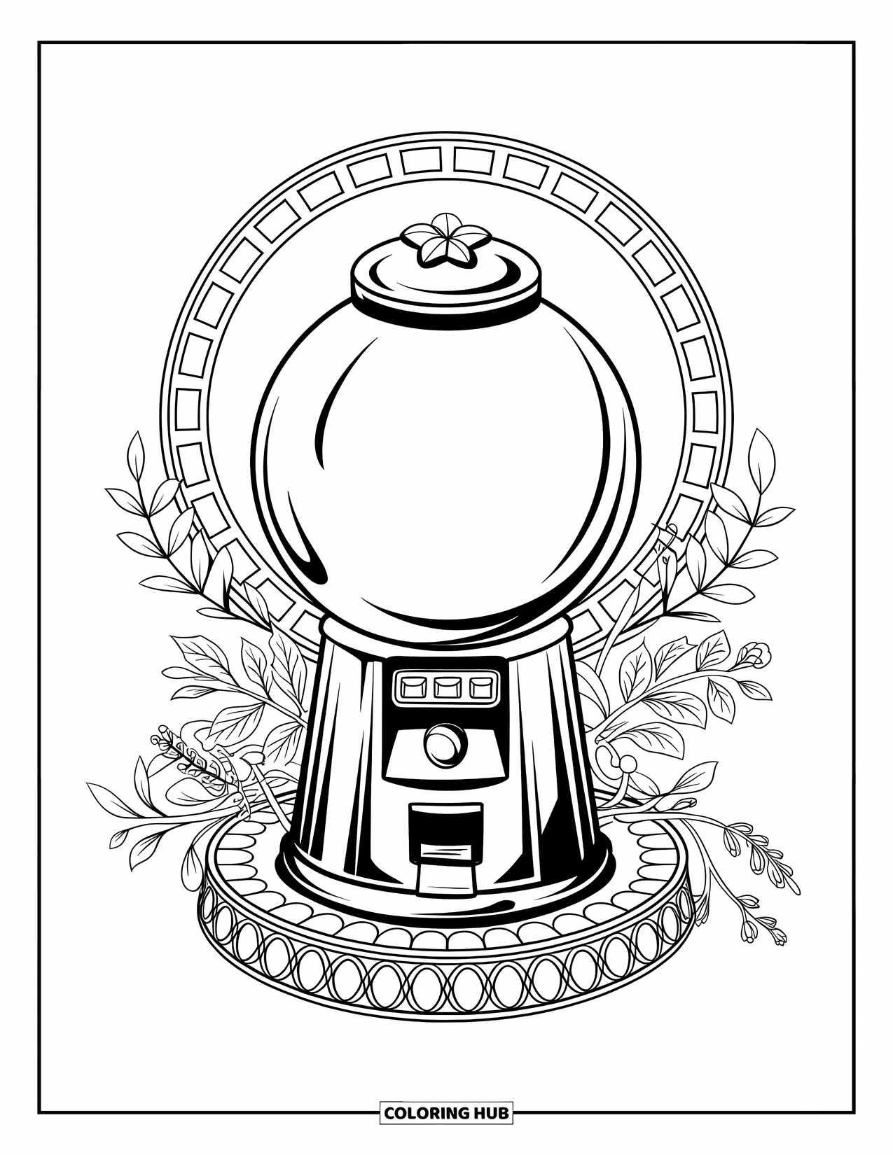 Gumball Coloring Page for Adults: Botanical leaves and a star top frame a gumball machine on a round base