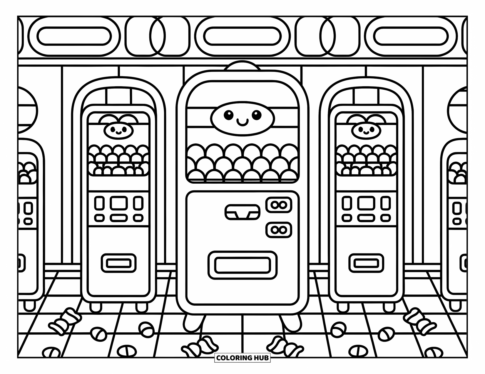 Gumball Coloring Page for Adults: Candy machines with toys and jellybeans sit together under sweet signs and scattered wrappers