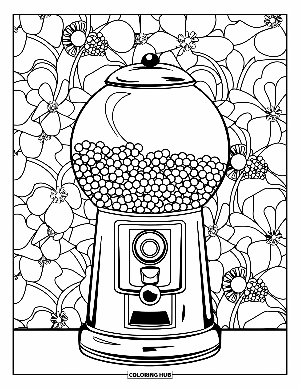 Gumball Coloring Page for Adults: Floral patterns and candy swirls decorate a bold, art deco gumball machine