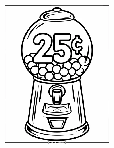 Desen de colorat cu bile de gumă pentru copii: Un automat de bomboane cu cioc și mâner stă mândru sub un semn “25¢”