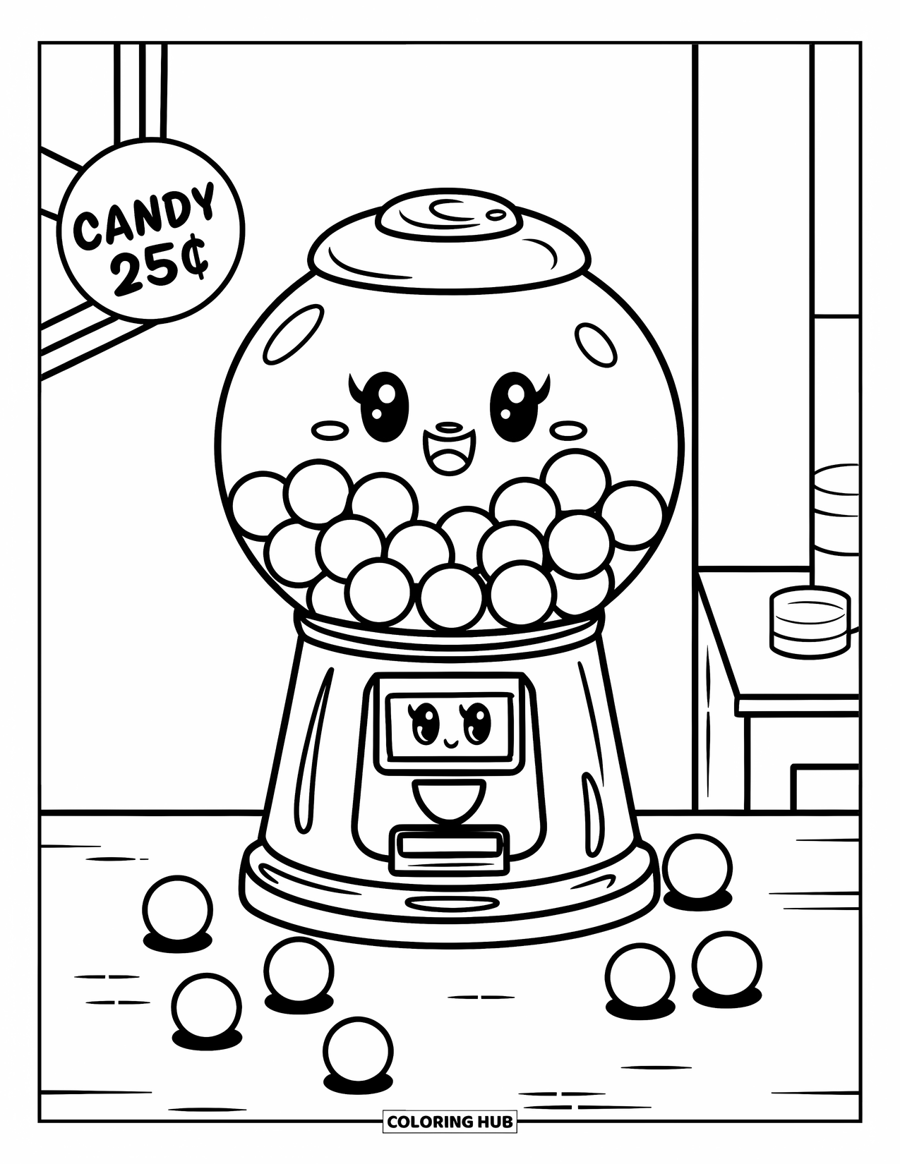 Gumball Coloring Page for Kids: A candy machine with spilled gumballs and a 25¢ sign rests on a simple counter