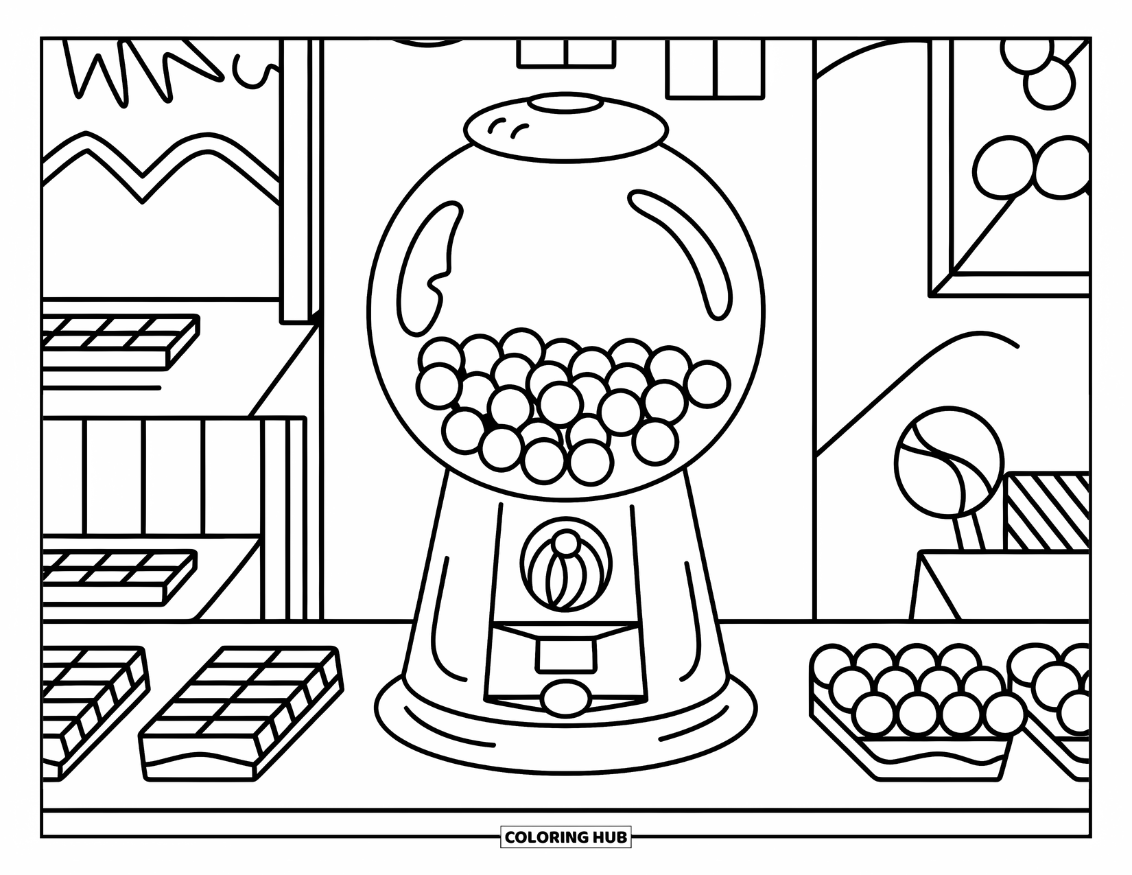 Gumball Coloring Page for Kids: A candy store counter holds a gumball machine, lollipops, and a few sweet treats