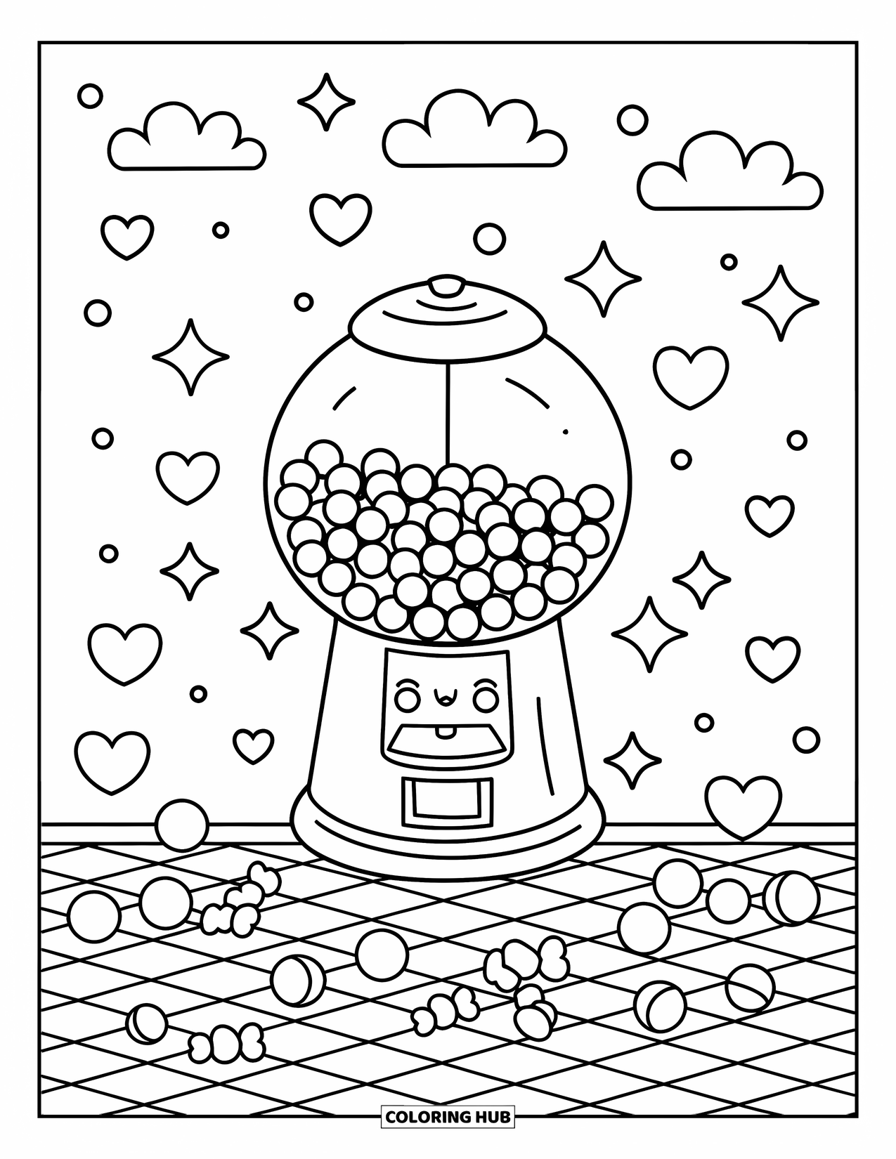 Gumball Coloring Page for Kids: A checkered floor holds a candy machine with scattered hearts, clouds, and stars
