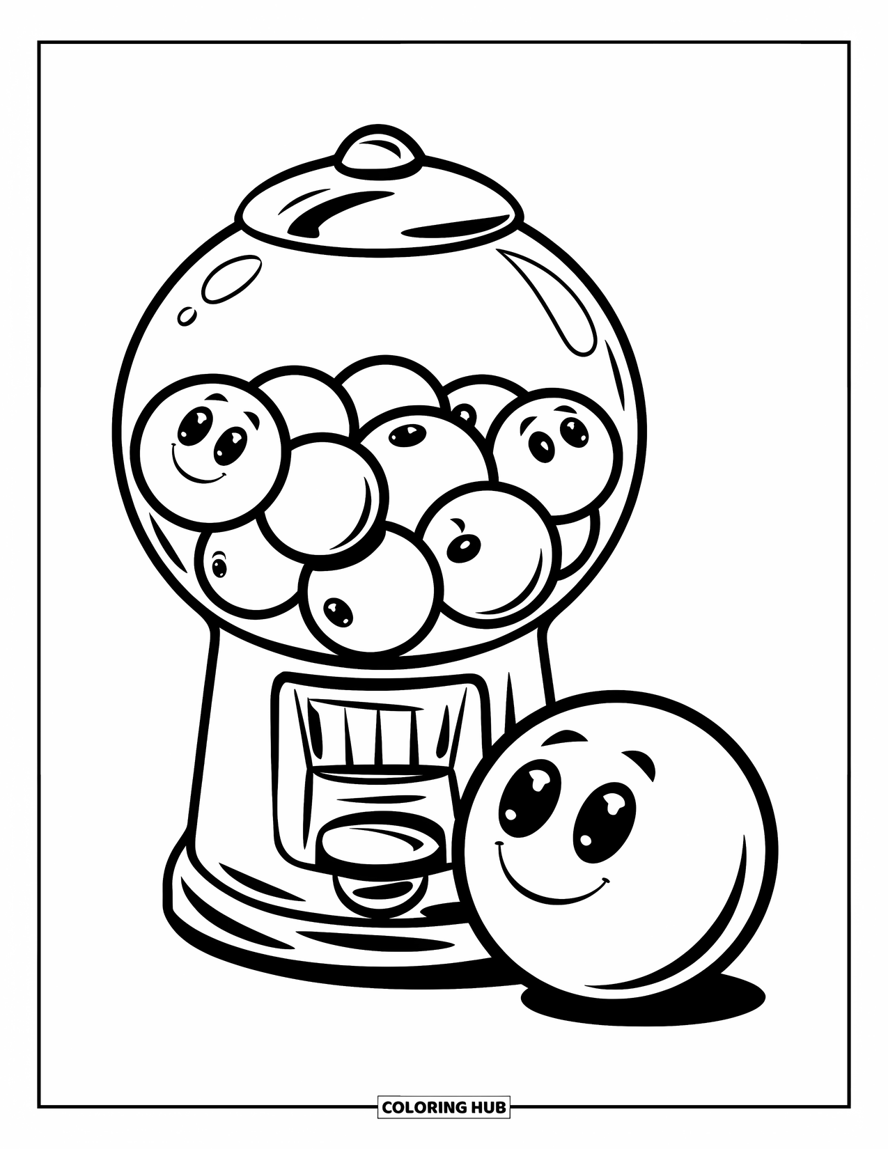 Gumball Coloring Page for Kids: A cheerful candy machine drops a smiley gumball onto the white floor