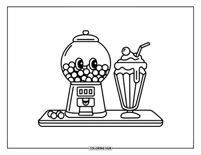 Desen de colorat cu bile de gumă pentru copii: Un automat de gumă vesel și un milkshake stau pe un tejghea de restaurant cu dulciuri împrăștiate