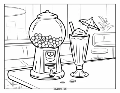 Desen de colorat cu bile de gumă pentru copii: Un automat de gumă cu vârf conic și un milkshake pe un tejghea de restaurant cu monede alături