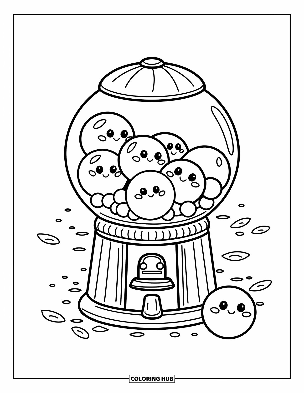 Gumball Coloring Page for Kids: A cozy candy machine with big gumballs and a soft lid stands beside scattered leaves