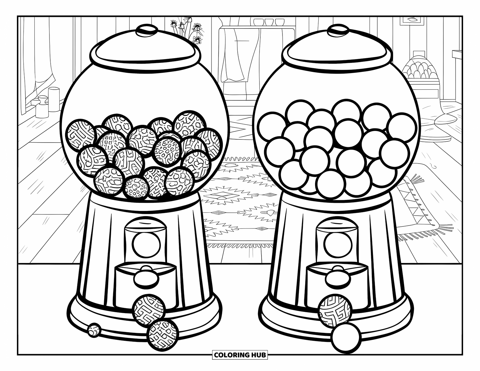 Gumball Coloring Page for Kids: A cozy room holds two machines with candies falling from one onto the wooden floor