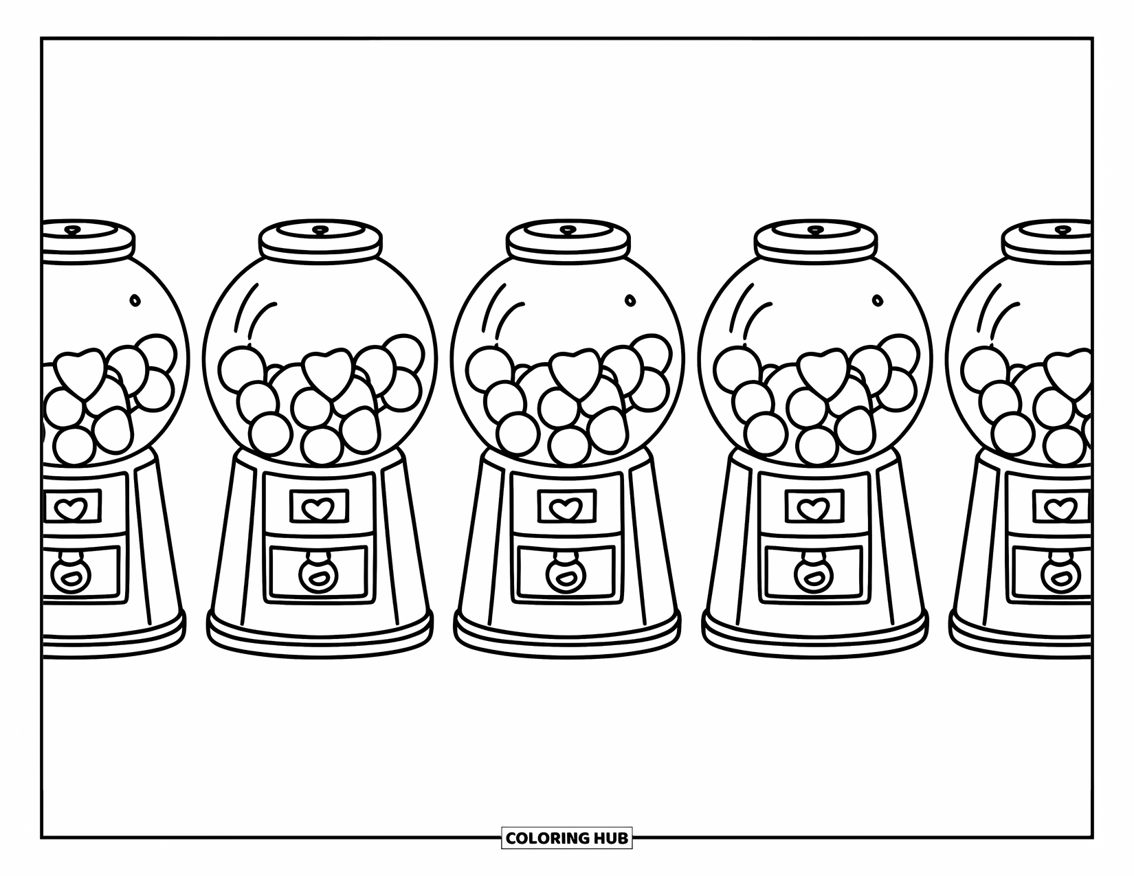 Gumball Coloring Page for Kids: A cute row of gumball machines shows candies shaped like hearts, stars, and circles