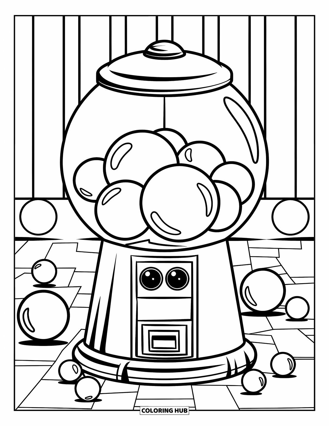 Gumball Coloring Page for Kids: A giant candy machine spills a gumball while others roll around the base