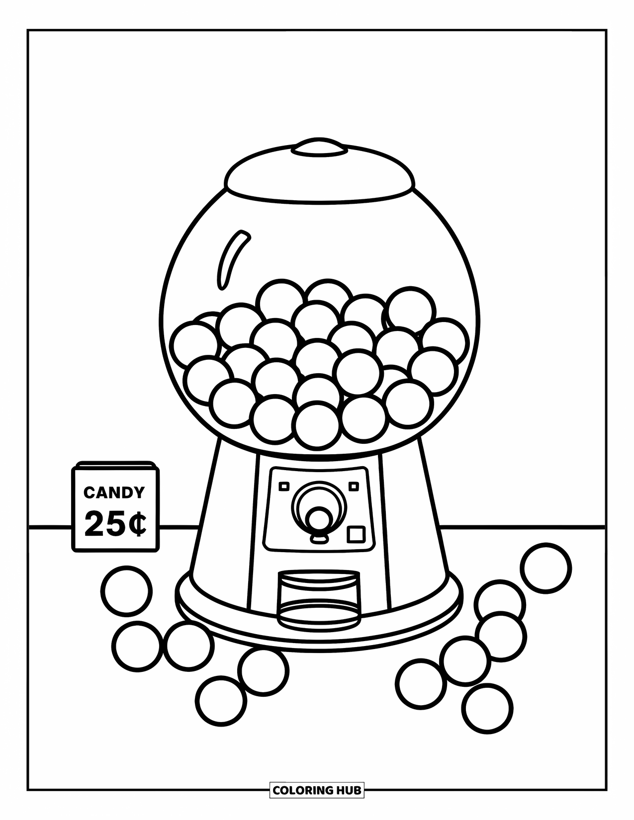 Gumball Coloring Page for Kids: A gumball machine sits on a counter with spilled gumballs and a "Candy 25¢" sign