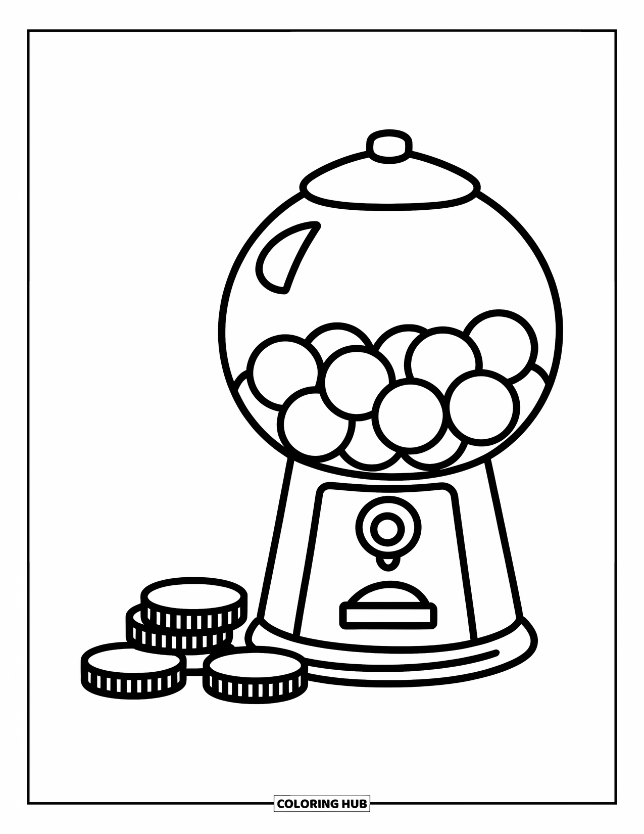 Gumball Coloring Page for Kids: A happy candy machine stands beside a small stack of coins, ready to serve