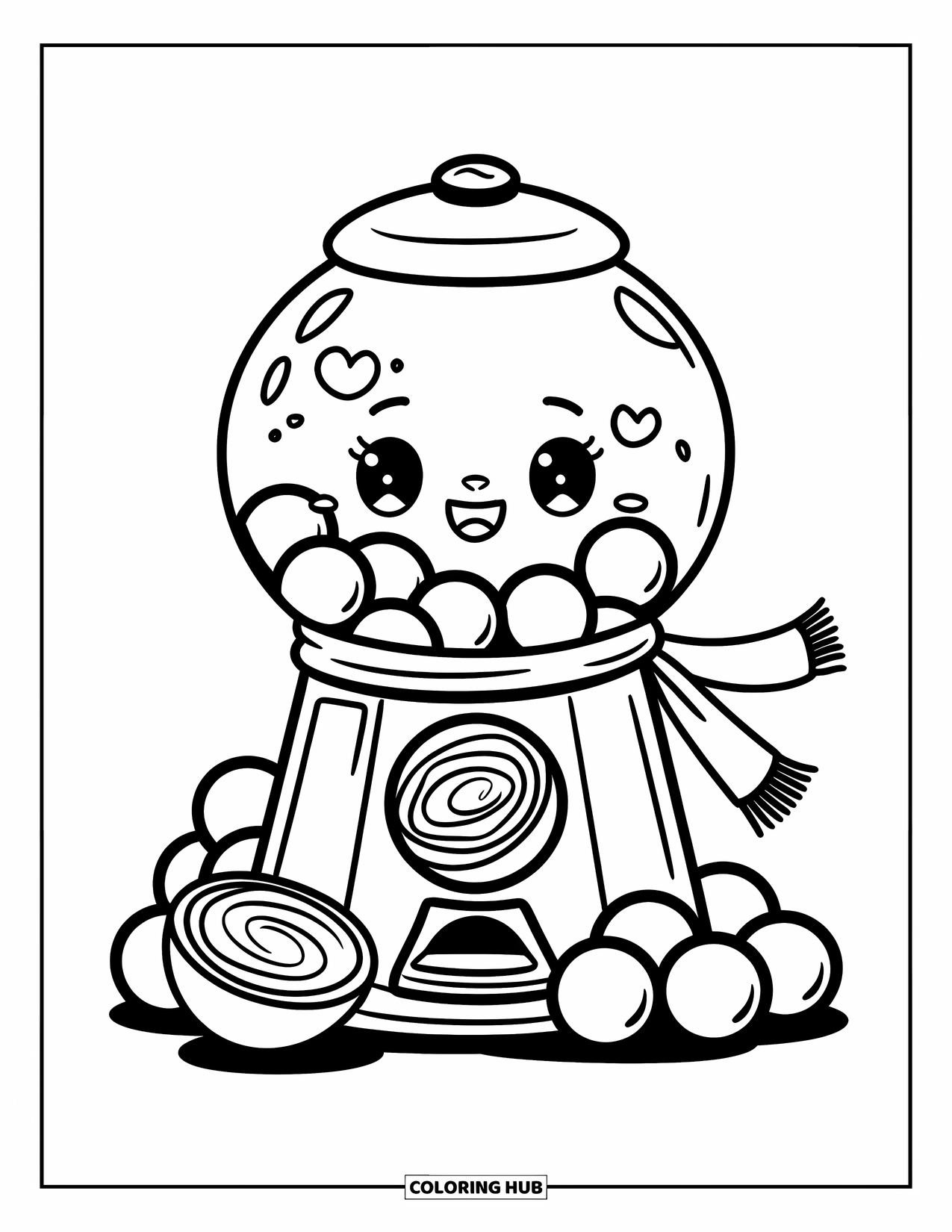 Gumball Coloring Page for Kids: A scarf-wearing gumball machine smiles while cracked candy shows a colorful swirl inside