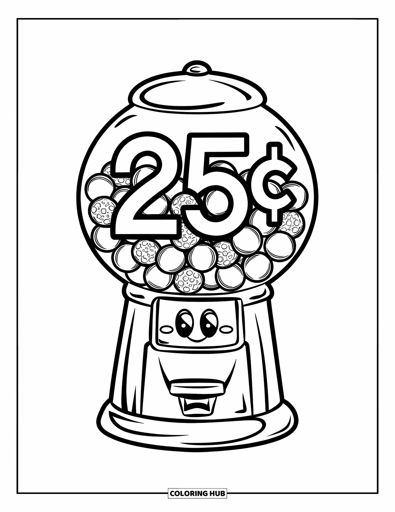 Gumball Coloring Page for Kids: A small gumball machine with a "25¢" sign stands on a plain white background