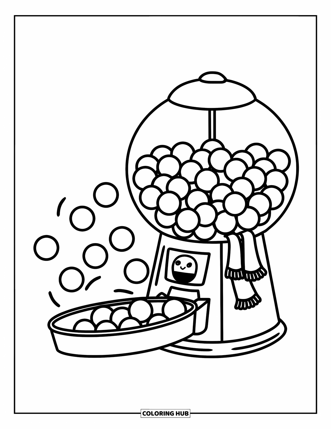 Gumball Coloring Page for Kids: A smiling candy machine in a scarf bounces gumballs into a waiting tray