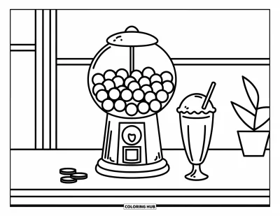 Desen de colorat cu bile de gumă pentru copii: Un automat de gumă zâmbitor și un milkshake împart spațiul pe un tejghea de restaurant