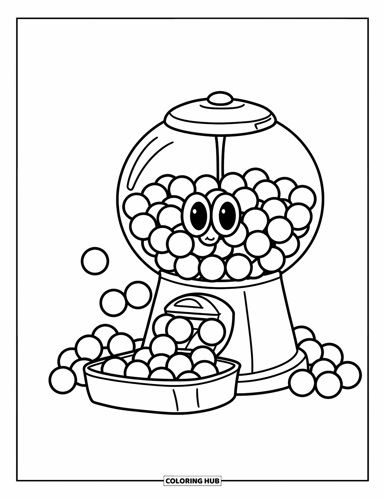 Gumball Coloring Page for Kids: A smiling gumball machine spills bouncing candies into a growing pile below