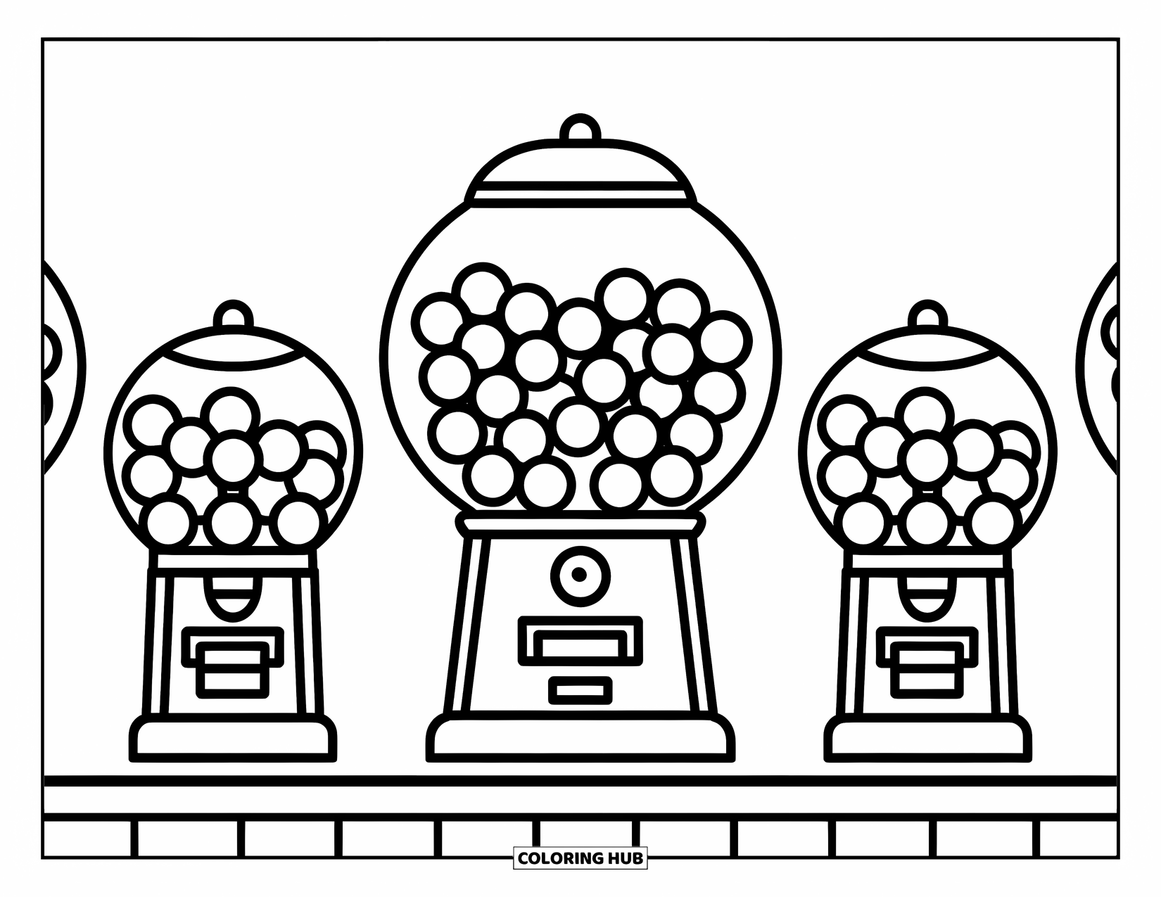 Gumball Coloring Page for Kids: Candy machines with cute faces line up, with a big gumball machine in the middle