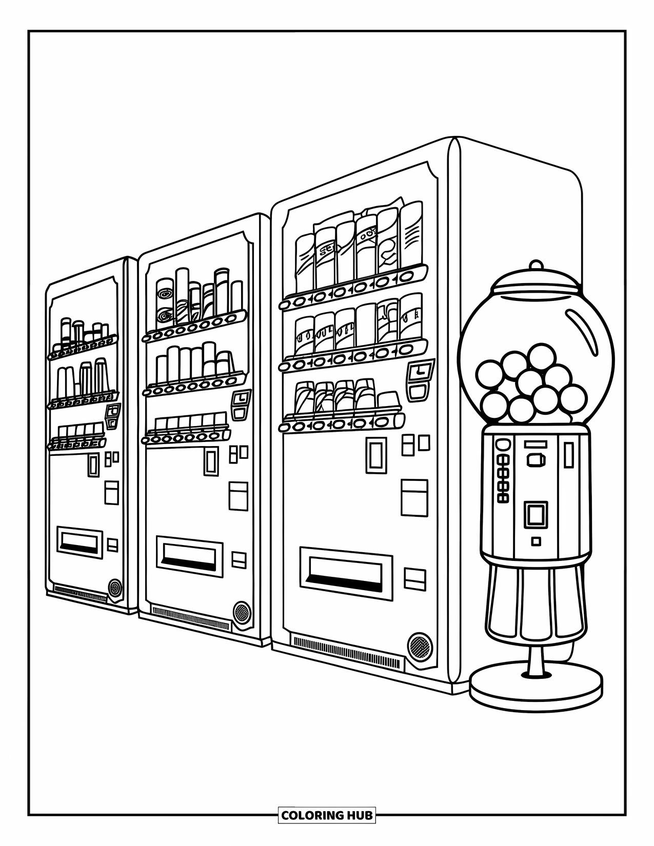 Gumball Coloring Page for Kids: Candy, snacks, and one big gumball machine fill a row of vending stations