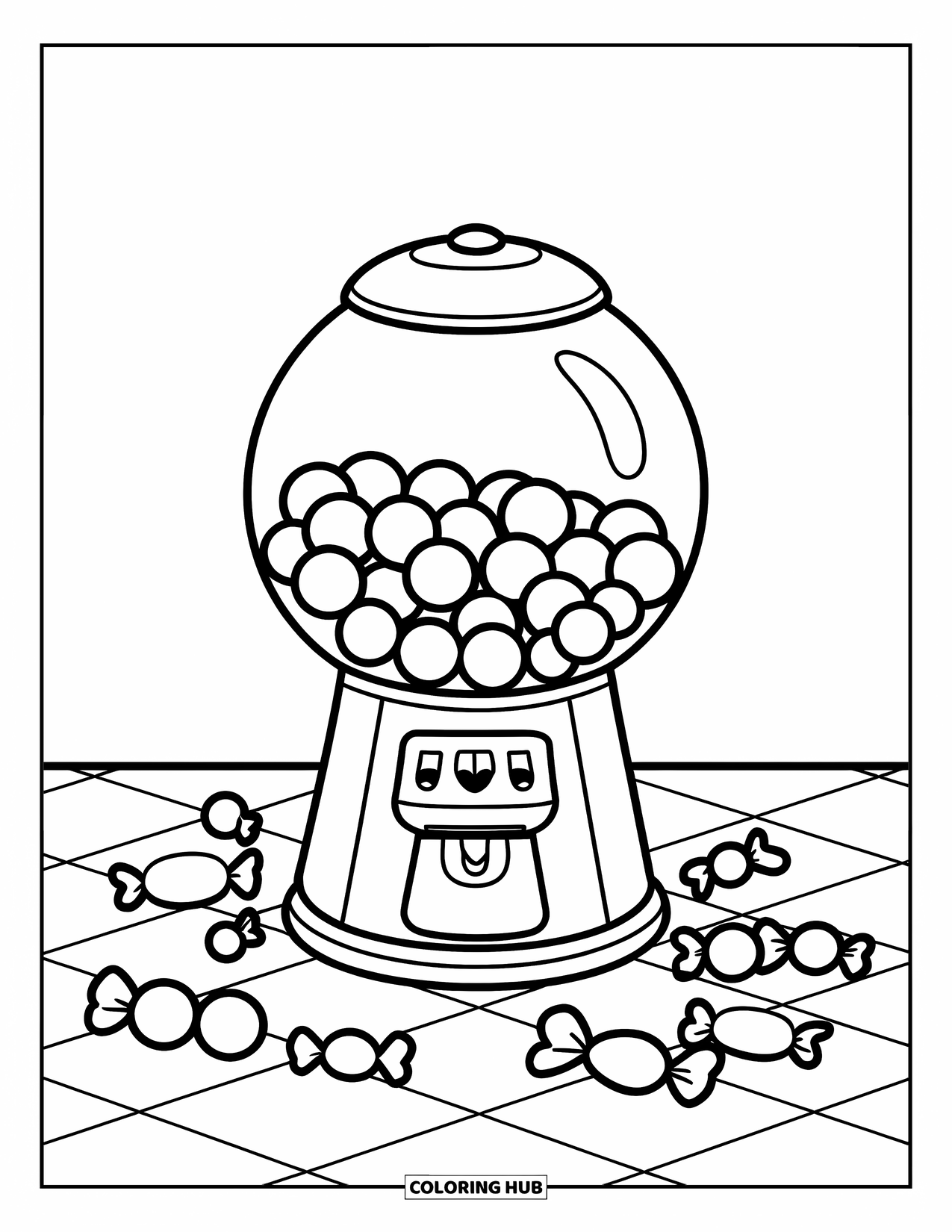 Gumball Coloring Page for Kids: Candy surrounds a gumball machine on a checkered floor with fun little details